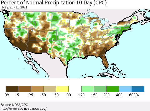 United States Percent of Normal Precipitation 10-Day (CPC) Thematic Map For 5/21/2021 - 5/31/2021