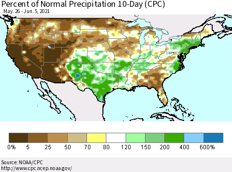 United States Percent of Normal Precipitation 10-Day (CPC) Thematic Map For 5/26/2021 - 6/5/2021