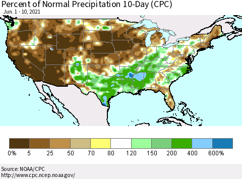 United States Percent of Normal Precipitation 10-Day (CPC) Thematic Map For 6/1/2021 - 6/10/2021