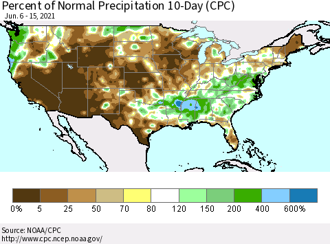 United States Percent of Normal Precipitation 10-Day (CPC) Thematic Map For 6/6/2021 - 6/15/2021