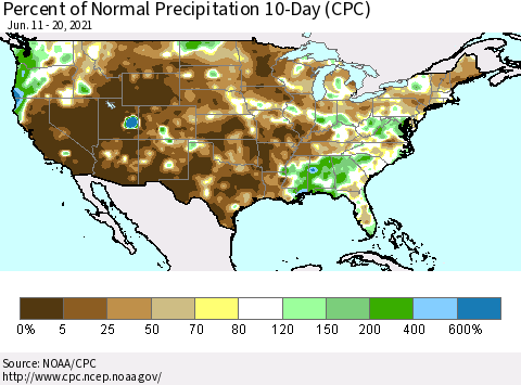 United States Percent of Normal Precipitation 10-Day (CPC) Thematic Map For 6/11/2021 - 6/20/2021