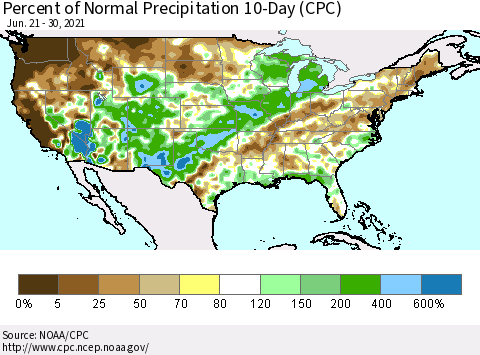 United States Percent of Normal Precipitation 10-Day (CPC) Thematic Map For 6/21/2021 - 6/30/2021