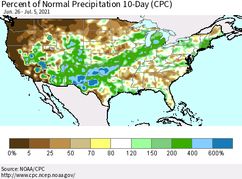 United States Percent of Normal Precipitation 10-Day (CPC) Thematic Map For 6/26/2021 - 7/5/2021