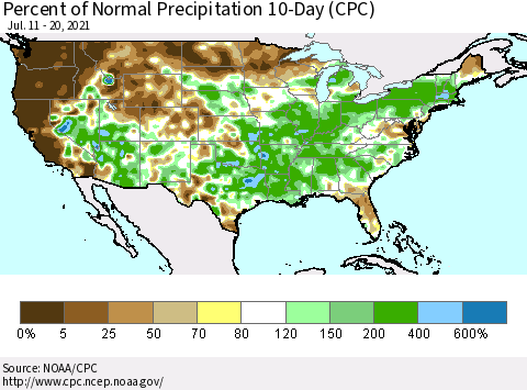 United States Percent of Normal Precipitation 10-Day (CPC) Thematic Map For 7/11/2021 - 7/20/2021