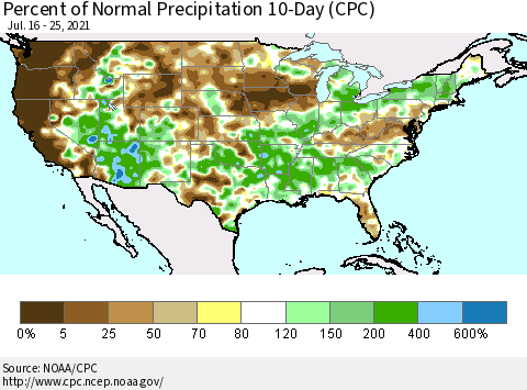 United States Percent of Normal Precipitation 10-Day (CPC) Thematic Map For 7/16/2021 - 7/25/2021