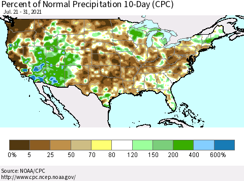 United States Percent of Normal Precipitation 10-Day (CPC) Thematic Map For 7/21/2021 - 7/31/2021