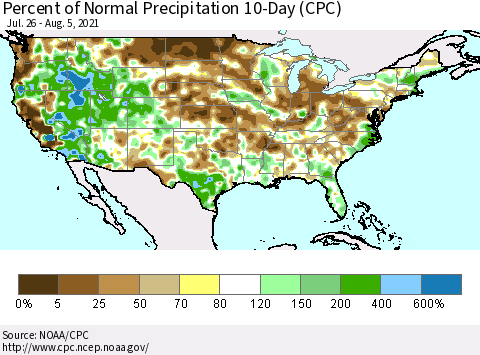 United States Percent of Normal Precipitation 10-Day (CPC) Thematic Map For 7/26/2021 - 8/5/2021