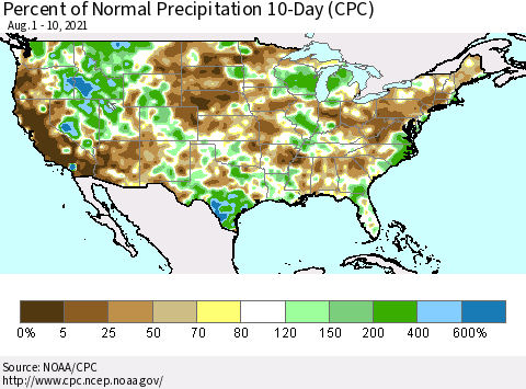 United States Percent of Normal Precipitation 10-Day (CPC) Thematic Map For 8/1/2021 - 8/10/2021
