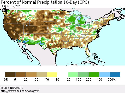 United States Percent of Normal Precipitation 10-Day (CPC) Thematic Map For 8/6/2021 - 8/15/2021