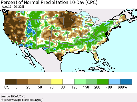 United States Percent of Normal Precipitation 10-Day (CPC) Thematic Map For 8/11/2021 - 8/20/2021
