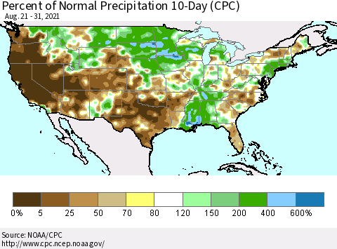 United States Percent of Normal Precipitation 10-Day (CPC) Thematic Map For 8/21/2021 - 8/31/2021