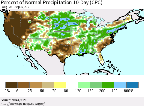 United States Percent of Normal Precipitation 10-Day (CPC) Thematic Map For 8/26/2021 - 9/5/2021
