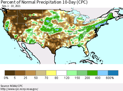 United States Percent of Normal Precipitation 10-Day (CPC) Thematic Map For 9/1/2021 - 9/10/2021