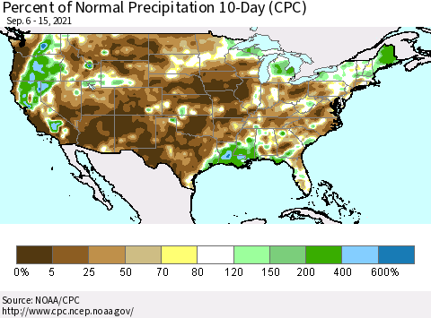 United States Percent of Normal Precipitation 10-Day (CPC) Thematic Map For 9/6/2021 - 9/15/2021
