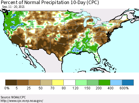 United States Percent of Normal Precipitation 10-Day (CPC) Thematic Map For 9/11/2021 - 9/20/2021