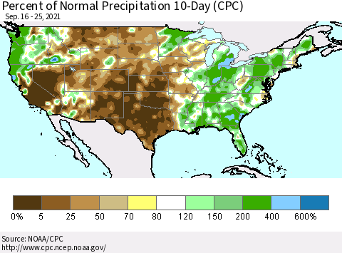 United States Percent of Normal Precipitation 10-Day (CPC) Thematic Map For 9/16/2021 - 9/25/2021