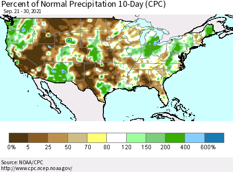 United States Percent of Normal Precipitation 10-Day (CPC) Thematic Map For 9/21/2021 - 9/30/2021