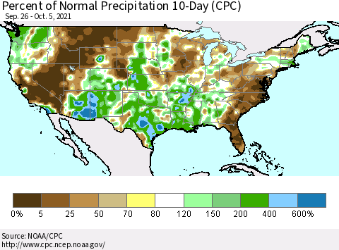 United States Percent of Normal Precipitation 10-Day (CPC) Thematic Map For 9/26/2021 - 10/5/2021