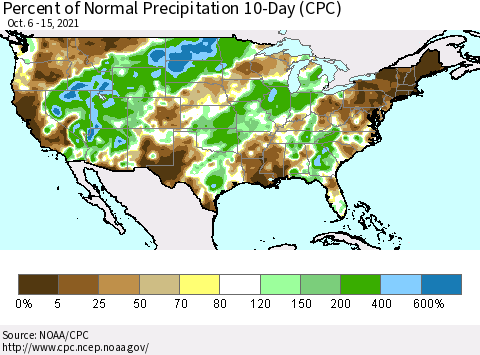 United States Percent of Normal Precipitation 10-Day (CPC) Thematic Map For 10/6/2021 - 10/15/2021