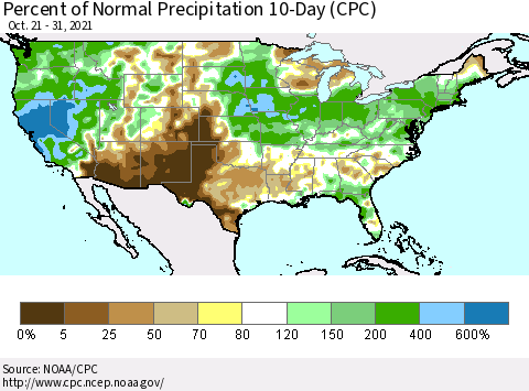 United States Percent of Normal Precipitation 10-Day (CPC) Thematic Map For 10/21/2021 - 10/31/2021