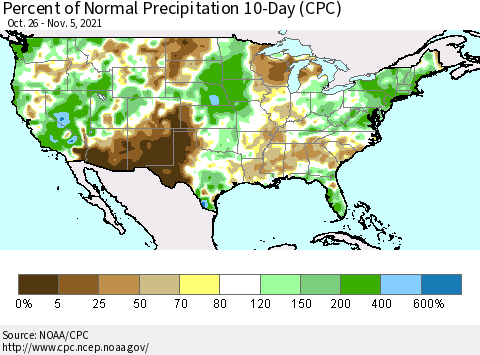 United States Percent of Normal Precipitation 10-Day (CPC) Thematic Map For 10/26/2021 - 11/5/2021
