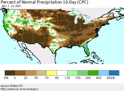 United States Percent of Normal Precipitation 10-Day (CPC) Thematic Map For 11/1/2021 - 11/10/2021