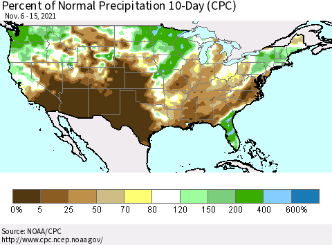 United States Percent of Normal Precipitation 10-Day (CPC) Thematic Map For 11/6/2021 - 11/15/2021