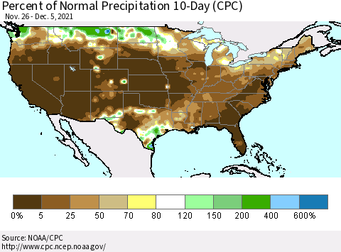 United States Percent of Normal Precipitation 10-Day (CPC) Thematic Map For 11/26/2021 - 12/5/2021