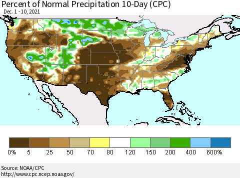 United States Percent of Normal Precipitation 10-Day (CPC) Thematic Map For 12/1/2021 - 12/10/2021