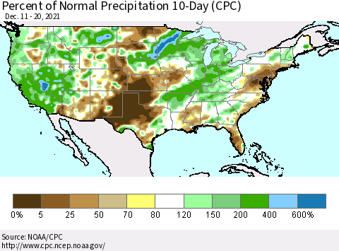 United States Percent of Normal Precipitation 10-Day (CPC) Thematic Map For 12/11/2021 - 12/20/2021