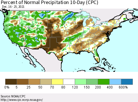 United States Percent of Normal Precipitation 10-Day (CPC) Thematic Map For 12/16/2021 - 12/25/2021