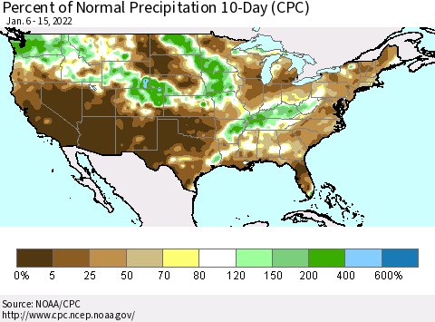 United States Percent of Normal Precipitation 10-Day (CPC) Thematic Map For 1/6/2022 - 1/15/2022