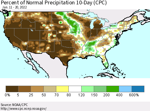 United States Percent of Normal Precipitation 10-Day (CPC) Thematic Map For 1/11/2022 - 1/20/2022