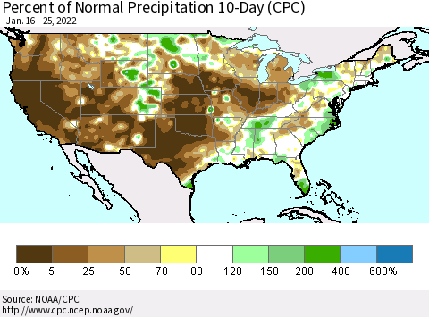 United States Percent of Normal Precipitation 10-Day (CPC) Thematic Map For 1/16/2022 - 1/25/2022