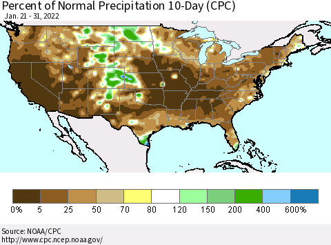 United States Percent of Normal Precipitation 10-Day (CPC) Thematic Map For 1/21/2022 - 1/31/2022