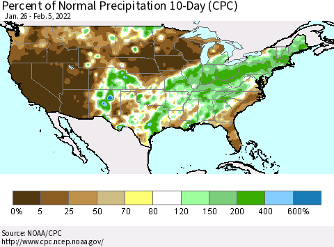 United States Percent of Normal Precipitation 10-Day (CPC) Thematic Map For 1/26/2022 - 2/5/2022