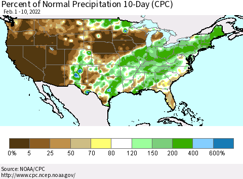 United States Percent of Normal Precipitation 10-Day (CPC) Thematic Map For 2/1/2022 - 2/10/2022