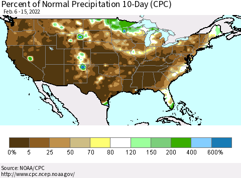 United States Percent of Normal Precipitation 10-Day (CPC) Thematic Map For 2/6/2022 - 2/15/2022