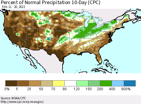 United States Percent of Normal Precipitation 10-Day (CPC) Thematic Map For 2/11/2022 - 2/20/2022