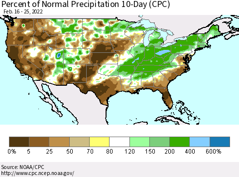 United States Percent of Normal Precipitation 10-Day (CPC) Thematic Map For 2/16/2022 - 2/25/2022