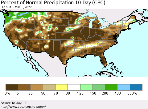 United States Percent of Normal Precipitation 10-Day (CPC) Thematic Map For 2/26/2022 - 3/5/2022