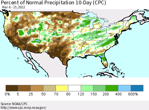 United States Percent of Normal Precipitation 10-Day (CPC) Thematic Map For 3/6/2022 - 3/15/2022