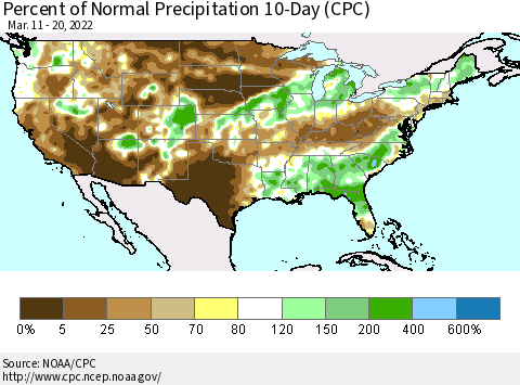 United States Percent of Normal Precipitation 10-Day (CPC) Thematic Map For 3/11/2022 - 3/20/2022