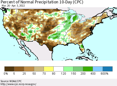 United States Percent of Normal Precipitation 10-Day (CPC) Thematic Map For 3/26/2022 - 4/5/2022