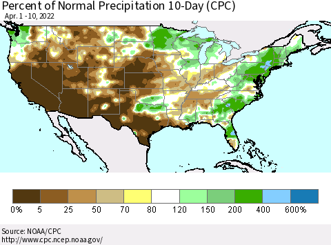 United States Percent of Normal Precipitation 10-Day (CPC) Thematic Map For 4/1/2022 - 4/10/2022