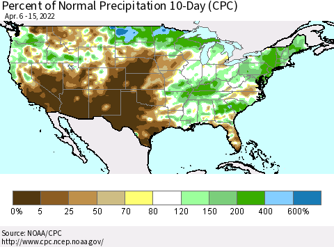 United States Percent of Normal Precipitation 10-Day (CPC) Thematic Map For 4/6/2022 - 4/15/2022