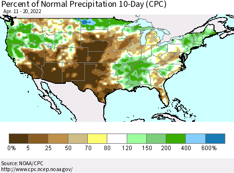 United States Percent of Normal Precipitation 10-Day (CPC) Thematic Map For 4/11/2022 - 4/20/2022