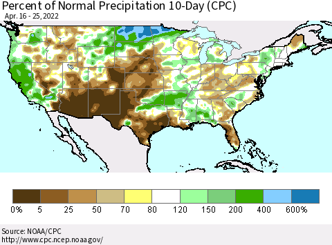 United States Percent of Normal Precipitation 10-Day (CPC) Thematic Map For 4/16/2022 - 4/25/2022