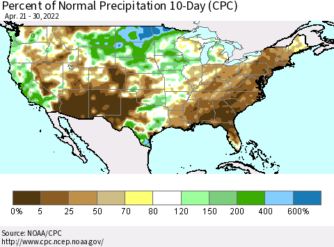 United States Percent of Normal Precipitation 10-Day (CPC) Thematic Map For 4/21/2022 - 4/30/2022
