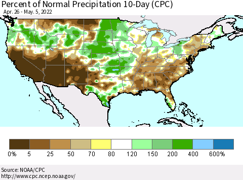 United States Percent of Normal Precipitation 10-Day (CPC) Thematic Map For 4/26/2022 - 5/5/2022